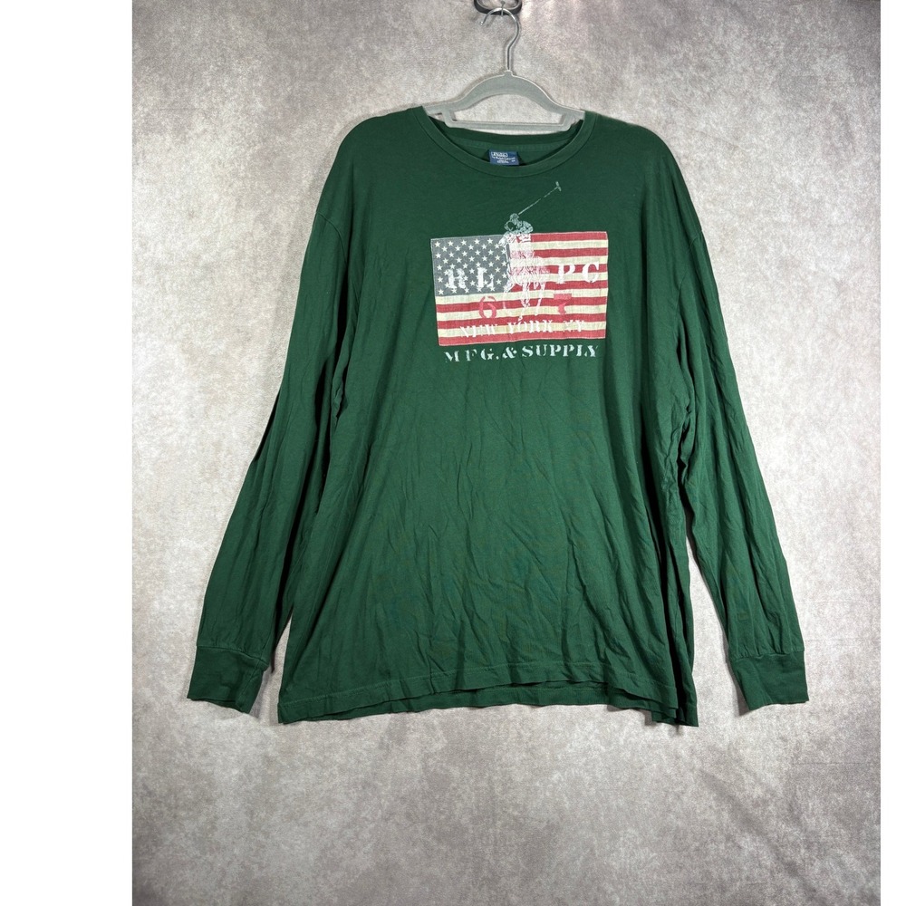 Polo Ralph Lauren T-Shirt Mens XL Green American Flag Graphic Long Sleeve Cotton
